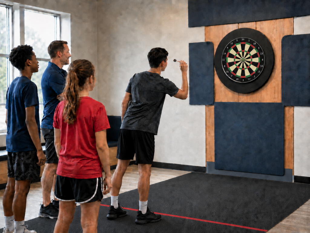 Young darts players practicing with a coach in a supervised academy setting
